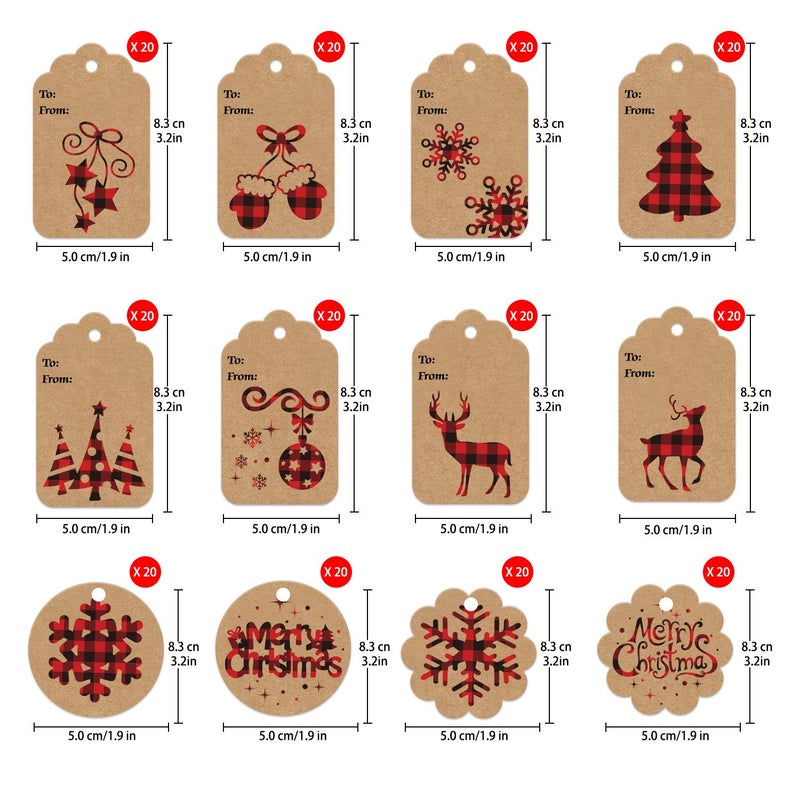 LOKIPA 120 Pieces Christmas Kraft Paper Gift Tags Hang Labels with Red and Black Plaid Snowflake Christmas Tree Elk Patterns and 230 Feet Twine Rope for Christmas - Image 2